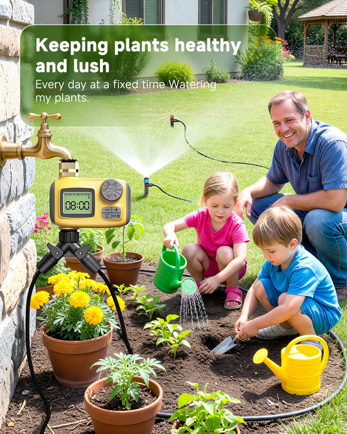 MQJIAZHI 246FT Drip Irrigation System with LCD Timer, Automatic Watering System Kits,1/2 Inch Hose 1/4 Inch Distribution Tubing 3 Sprayer Types, for Garden, Greenhouse, Garden, Lawn