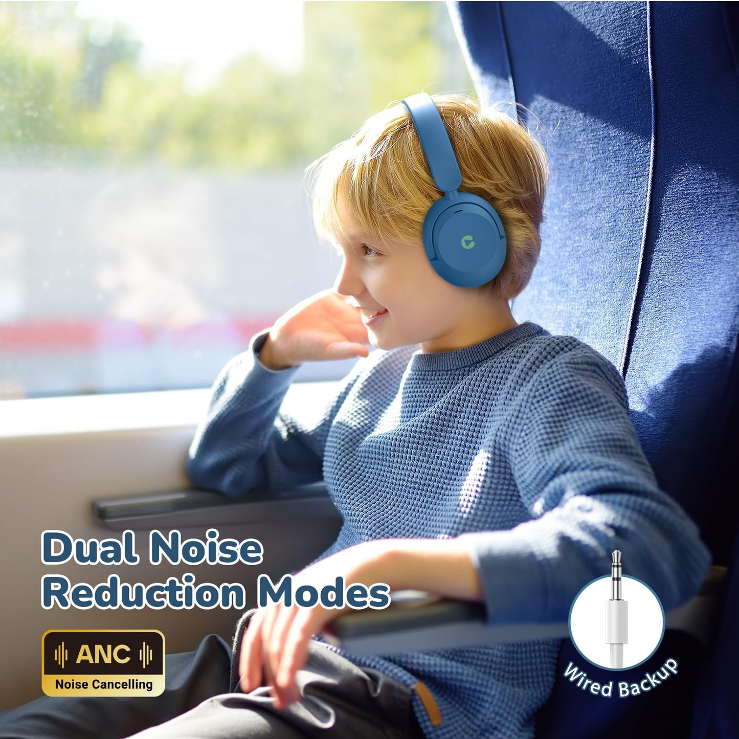 iClever BTH20 Active Noise Cancelling Headphones for Kids, 60H Play Time,Type C Fast Charging, Safe Volume 80dBA, Bluetooth5.4, Award-Winning Kids Headphones Wireless for iPad Tablet Airplane, Blue