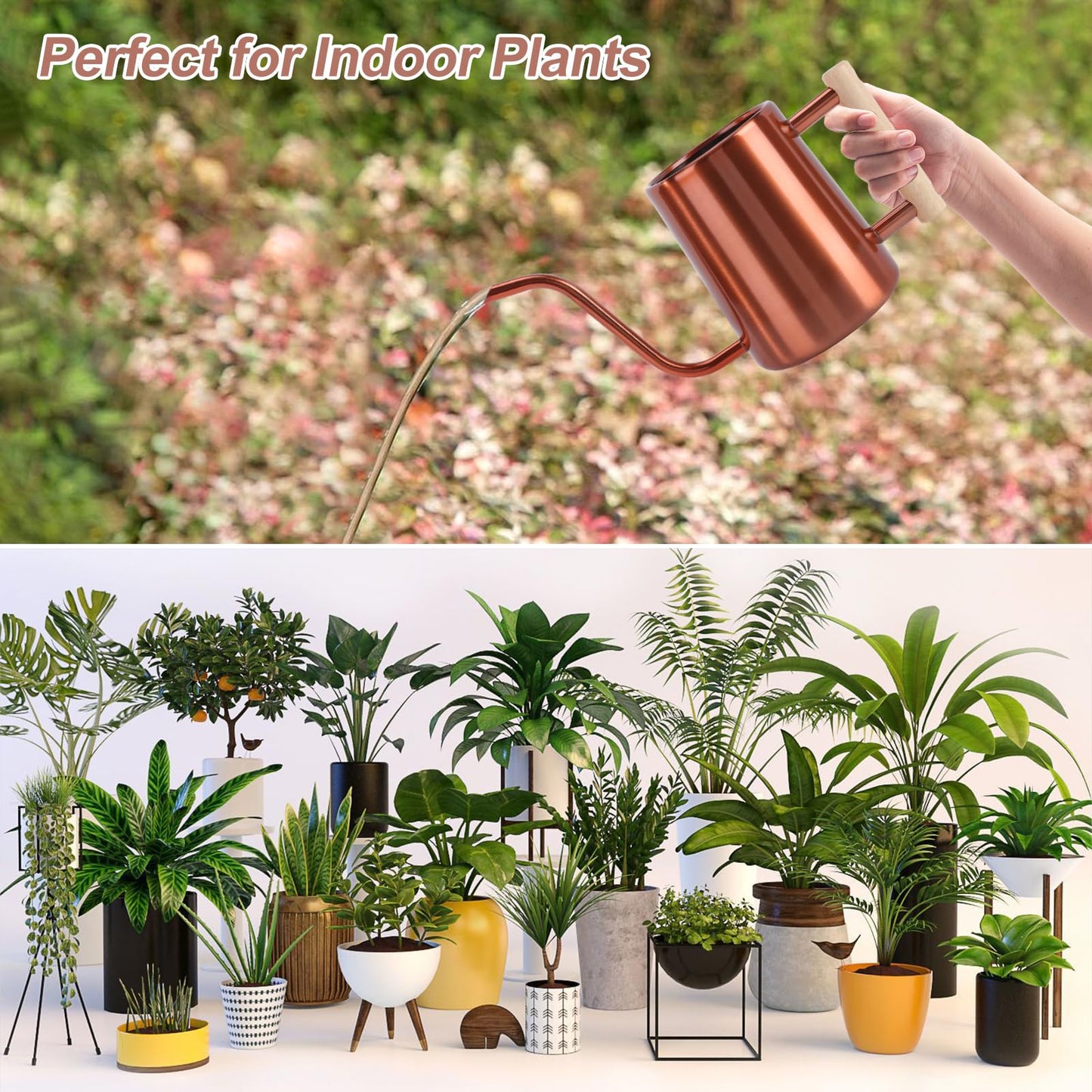 Watering Can Indoor Plants, 35 oz/1000 ml Metal Stainless Steel Watering Can Pot with Long Spout for Indoor House Plants Bonsai Outdoor Garden Flower Decorative (Copper)