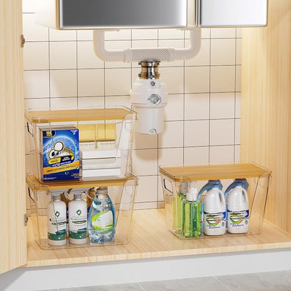 Delamu Acrylic Trash Bag Holder, 3 Pack Stackable Garbage Holder for 4-33 Gallon Bags, Clear Organizer Bins for Under Sink Organization, Pantry Storage, Cabinet, Kitchen, Laundry, Bathroom