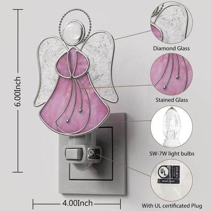 KUNDGLA Pink Angel Night Lights Plug into Wall,Stained Glass Plug in Night Light for Wall Socket Decorative Nightlight for Bedroom Hallway Kitchen Home Gifts for Mom Mother`s Day Birthday Christmas