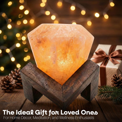 Himalayan Salt Lamp Diamond Shape – Hand-Carved Pink Rock Salt Light with Dimmer, Warm Mood Lighting for Bedroom, Home & Office – Wooden Base