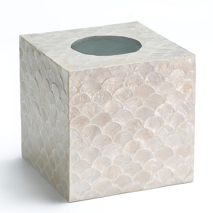 CHI AN HOME 5.5” Capiz Tissue Box Cover, Square Decorative Tissue Holder with Bottom Slider, Handmade Bathroom Accessories, Elegant White Cube for Vanity, Bedroom, Office & Coastal Décor (Natural)