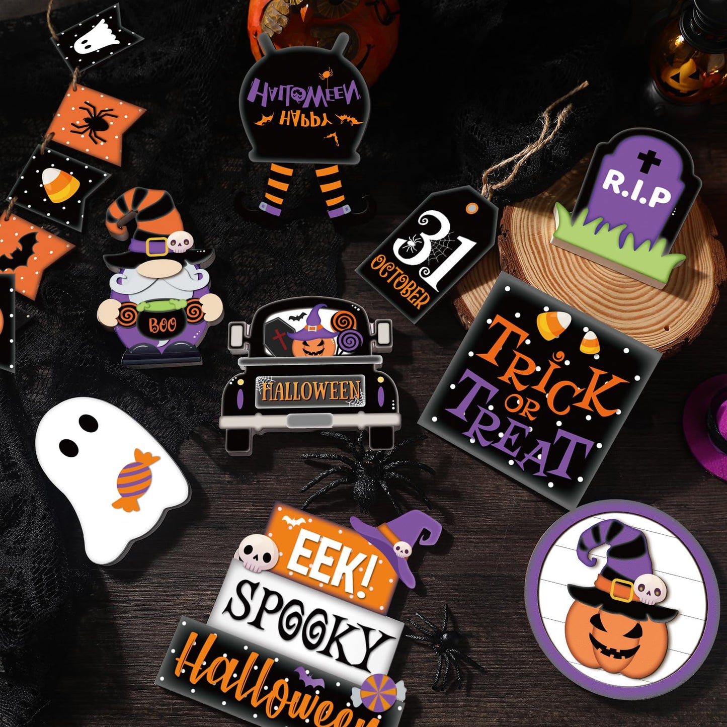 Umigy 15 Pcs Halloween Tiered Tray Decor Set Cute Ghost Tray Decorations Boo Halloween Wooden Signs Farmhouse Rustic Decoration for Home Table Party Supplies(Pumpkin)