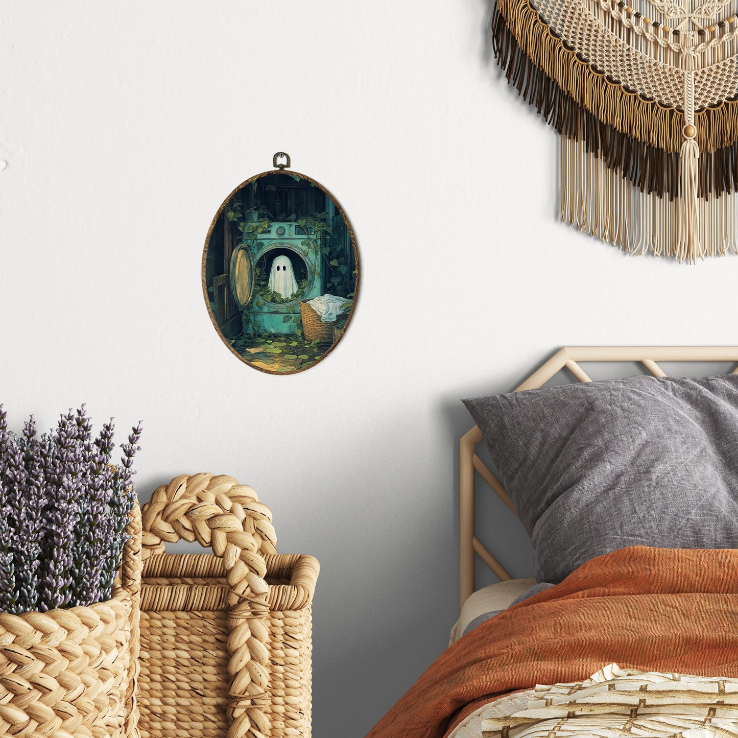OINDADE Halloween Ghost Oval Wall Art Decor, Laundry Room Cute Ghost Wall Art Hanging Decor, Halloween Fall Season Funny Spooky Washing Machine Framed Canvas Artwork for Laundry Room Home, 8.8x11.5in