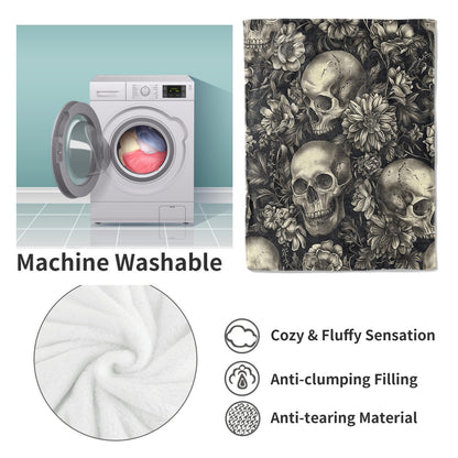 VANZEV Gothic Garden Skull Fleece Blanket Gifts, Dark Floral and Skeleton Design, Soft Throw 50x60 inches, Elegant Home Halloween Decor - Black and White