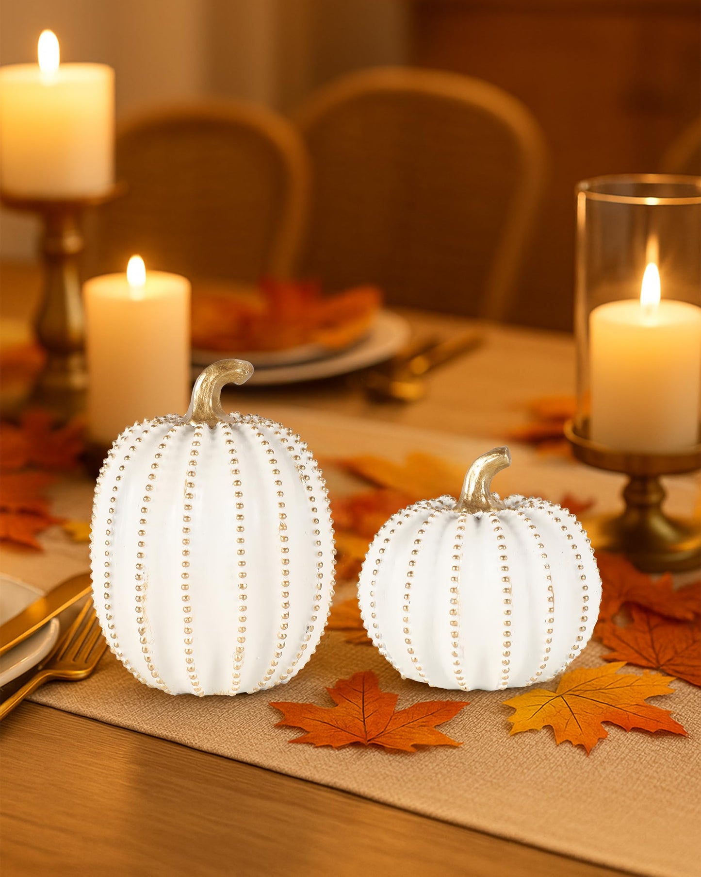 GoGnome Set of 2 White & Gold Decorative Pumpkins – Resin Fall Harvest Table Centerpiece, Elegant Autumn Décor for Thanksgiving Decoration Farmhouse Home (White)