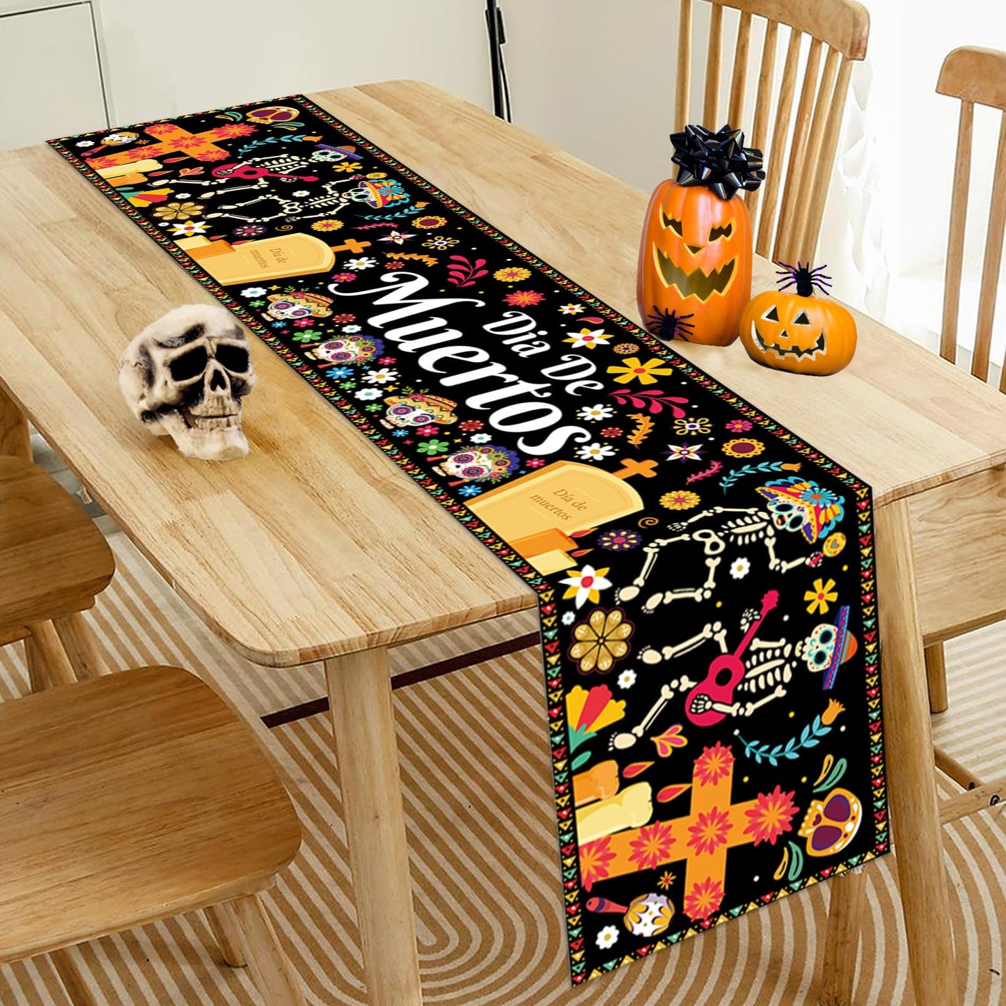 Halloween Table Runner 72 Inches Long, Day of The Dead Table Runner Dia De Los Muertos Sugar Skull Table Runner Happy Halloween Runners for Table Line Cover Tablecloth for Halloween Party Decorations