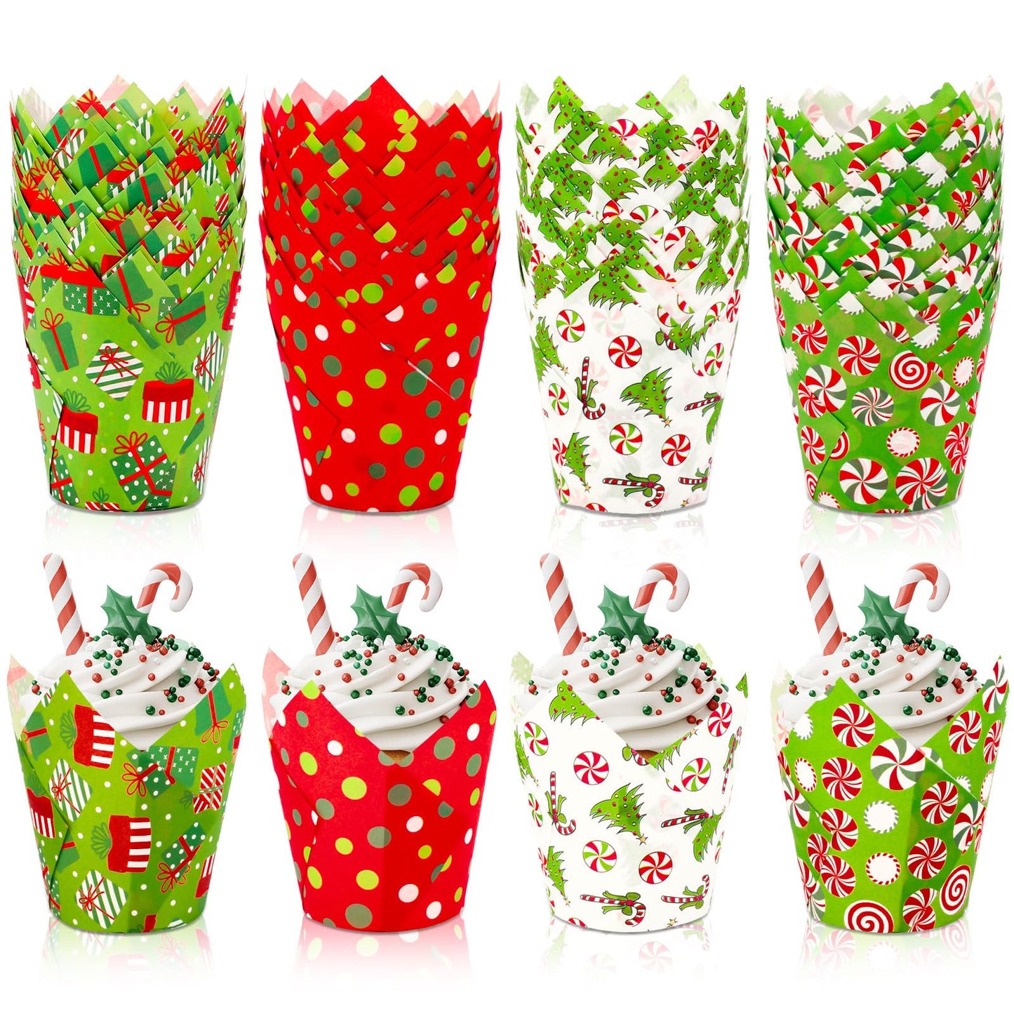 FYSUIMU 200Pcs Christmas Tulip Cupcake Liners Funny Cartoon Character Muffin Baking Cups Xmas Red Green Cupcake Wrappers for Winter Holiday Birthday Wedding Party Supplies Table Decor