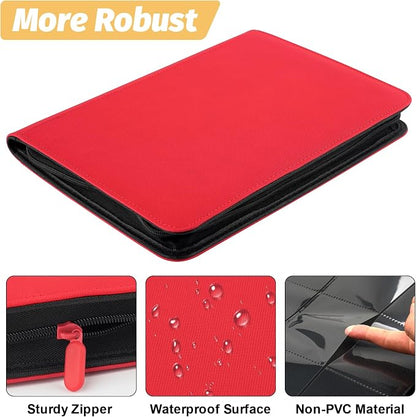 360 Cards Ringless 9-Pocket Side Loading Trading Card Binder, PU Zipper Fixed Page Card Album for TCG Sports Cards, Not Fit Top Loaders (RED)