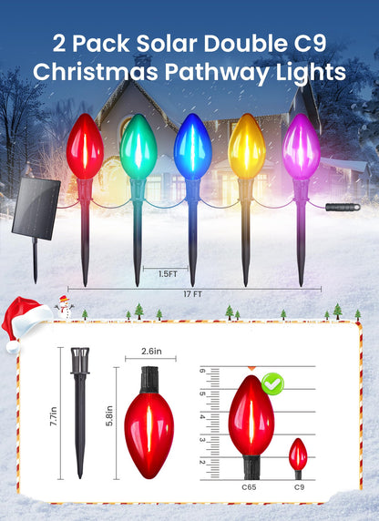 Minetom Solar C9 Christmas Pathway Lights - 20 LED, 8 Modes, Timer, 32FT, 2 Pack, Multicolor