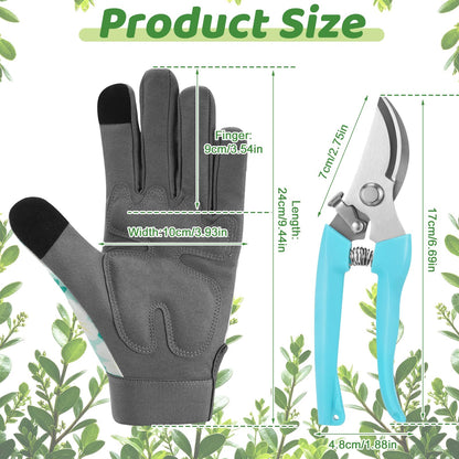 Garden Pruning Shears Set with Gardening Work Gloves & Stainless Steel Trimming Scissors for Flowers, Herbs & Small Branches, Puncture Resistant Anti-Slip Flexible