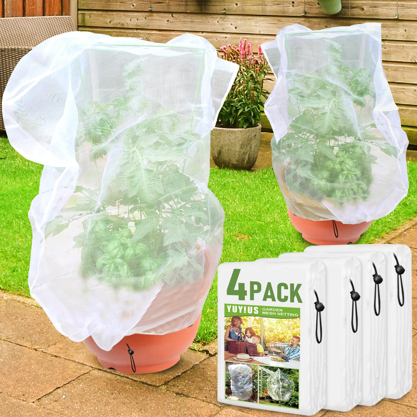 YUYIUS Fruit Tree Netting, Plant Mesh Netting for Garden Protection, Blueberry Bush Insect Netting Cover as Garden Pest Barrier from Cicadas, Bug, Bird (2.6x3.3 FT, 4Pcs, with Drawstring Design)