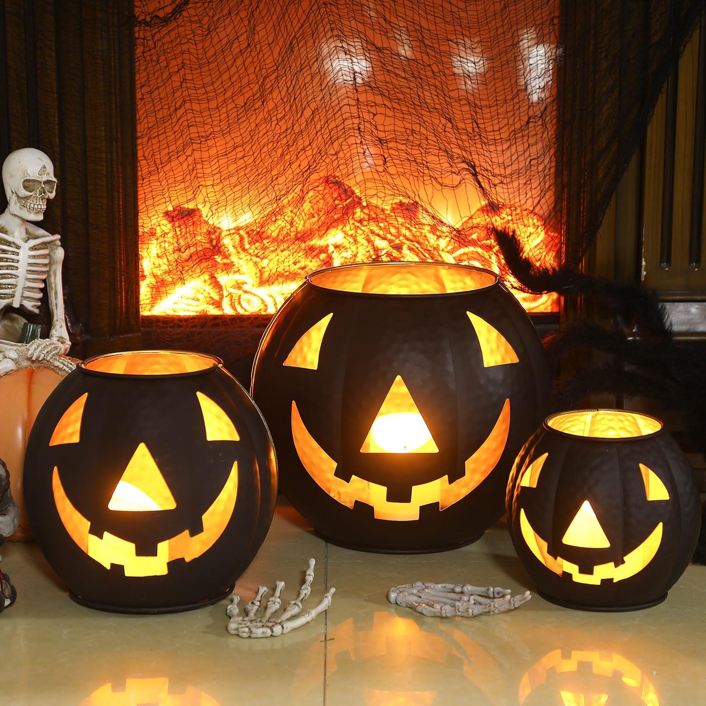 Kittmip 3 Pcs Halloween Metal Jack O Lanterns Pumpkin Set with LED Candles and Black Creepy Cloth Set of 3 Jack O Lantern Halloween Fall Outside or Inside Table Ornaments for Home Festival Party Decor