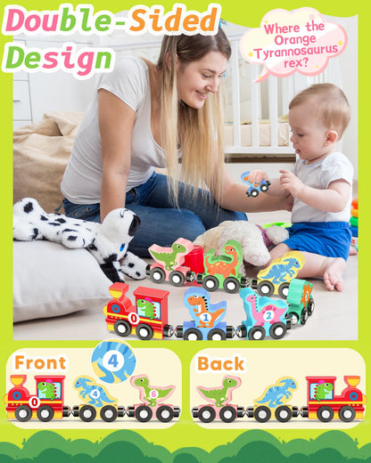 11 Pcs Magnetic Dinosaur Train Set Montessori Toys for 1 2 3 Years Old Toddlers Boys Girls, Wooden Dinosaur Preschool Learning Activities Educational Sensory Toys Birthday Gifts Ages 1-3, 2-4