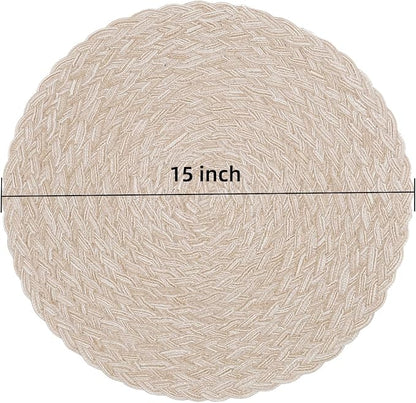 SHACOS Round Braided Placemats 15 inch Set of 6 Thick Boho Kitchen Table Placemats for Home Wedding Party (T-Beige, 6)