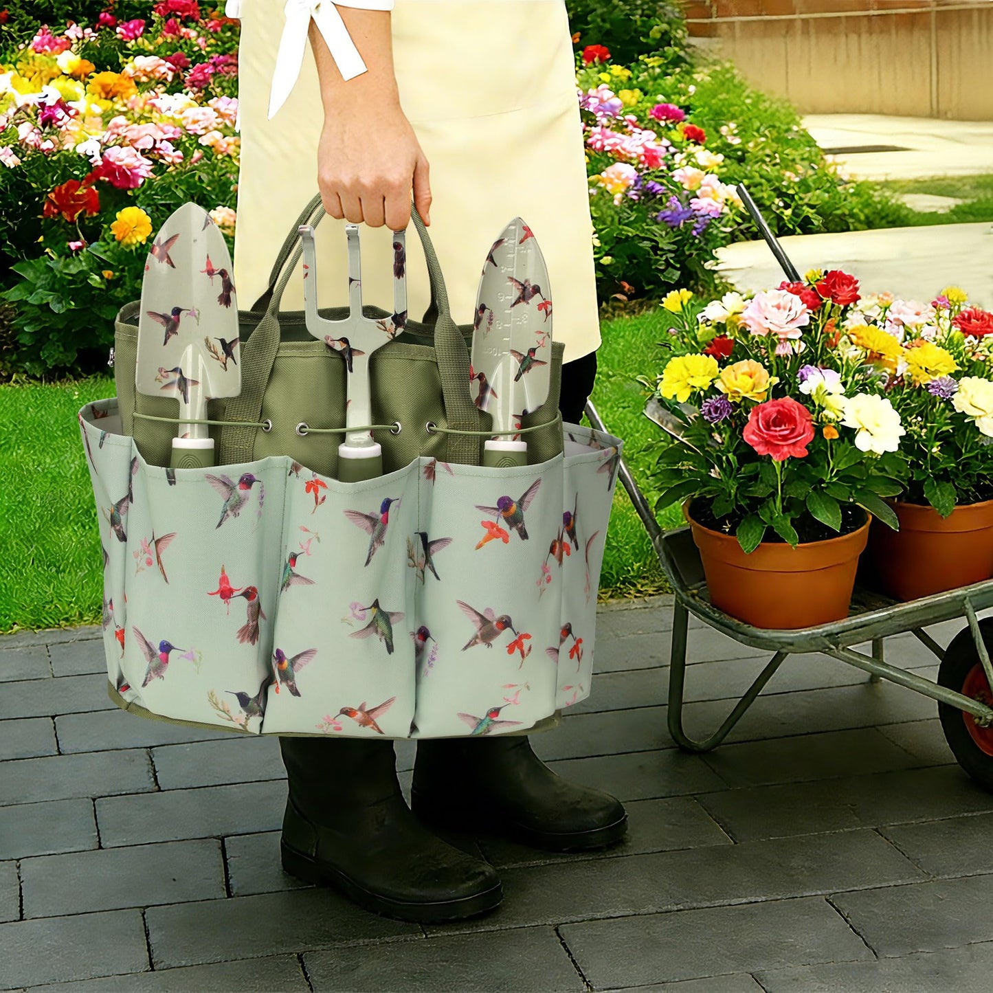 Garden Tool Set with Hummingbird Print, Heavy Duty Gardening Hand Tools with Garden Tool Bag,Gardening Gifts for Women&Men,Green