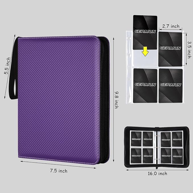 GERMUN 4 Pocket Card Binder, Premium Zip Trading Card Binder, 400 Double Sided Pocket PU Card Collection Binder, Collector Card Album, Card Folder for MTG, TCG, Sports Cards, Game Cards (Purple)