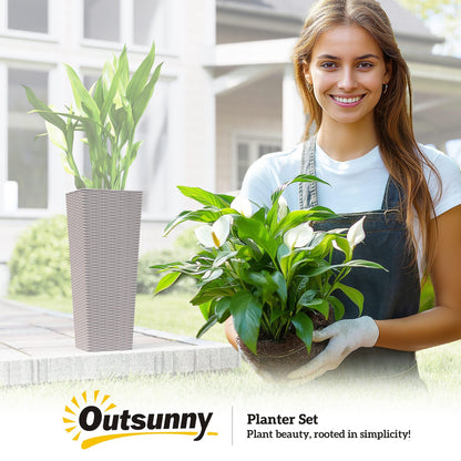 Outsunny 23.6 Inch Tall Planters for Outdoor Plants, Set of 2 Plastic Rattan-Like Flower Pots with Drainage Holes, Stackable Tapered Planters for Indoor Plants, Front Porch, Brown