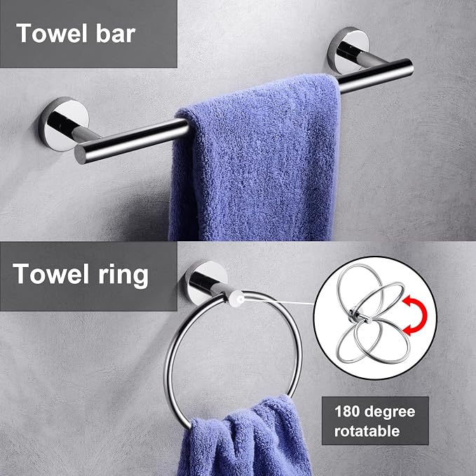6 Pieces Polished Chrome Bathroom Hardware Accessories Set Hand Towel Ring 16&23.6 inch Round Towel Bar Toilet Paper Holder Towel Hooks 2 Pieces SUS 304 Stainless Steel,Heavy Duty,Wall Mounted
