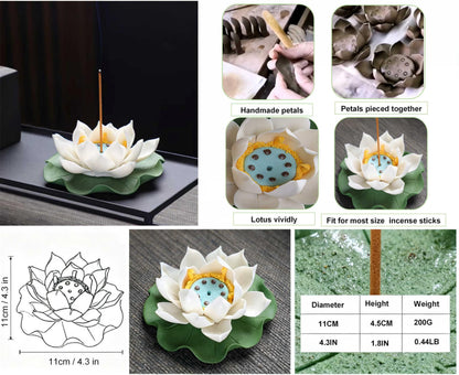 Lotus Incense Holder for Mosquitos - White Ceramic Bloom with Leaf Tray, Aromatherapy Decor, Meditation Gift Set, Zen Home Office Desk Altar Decor (Handmade, Ash Catcher, Unique Holiday Present)