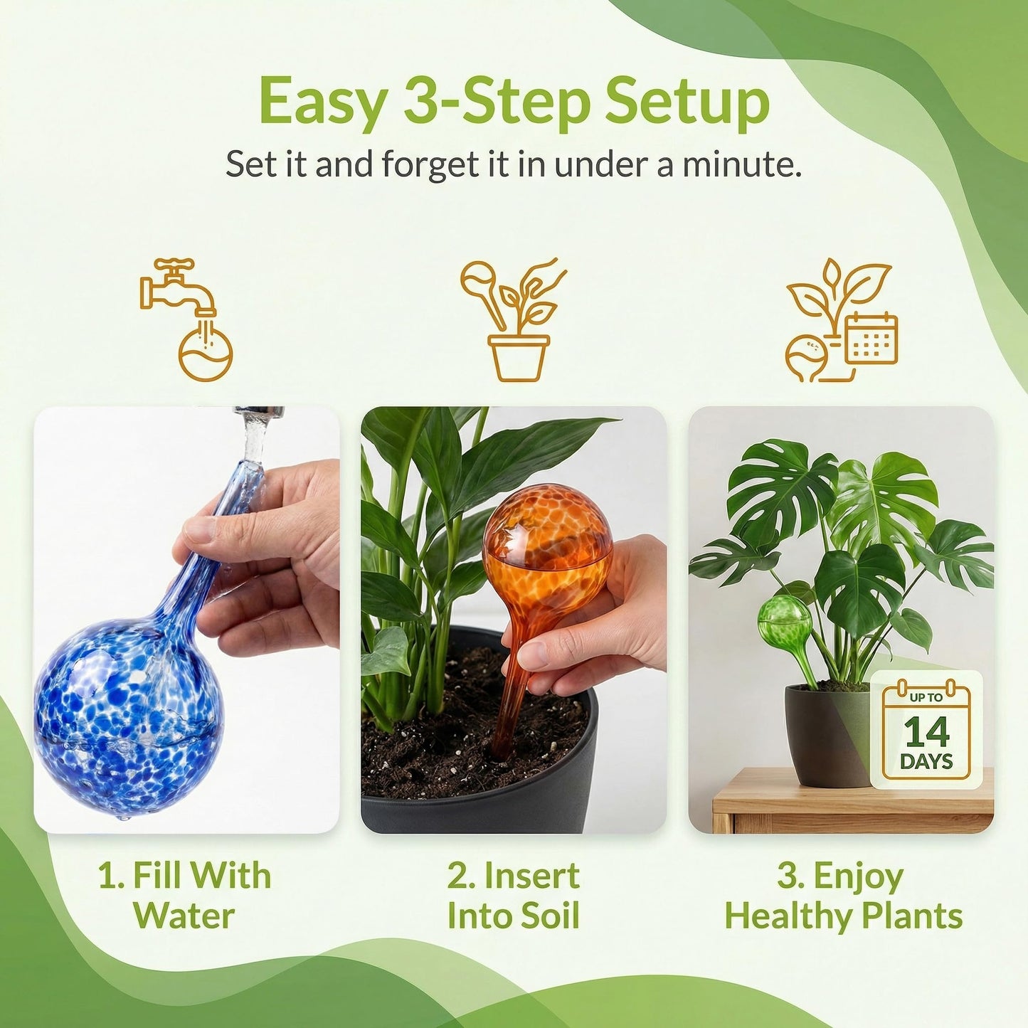 Little Green Leaf Automatic Plant Watering Globes Self Watering Planter Inserts (Set of 4) | Hands Free Multicolor Glass Bulbs | Planter Spikes to Support Indoor & Outdoor Plant Health (350ml)