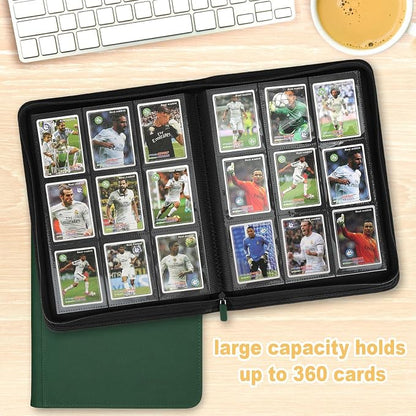 360 Cards Ringless 9-Pocket Side Loading Trading Card Binder, PU Zipper Fixed Page Card Album for TCG Sports Cards, Not Fit Top Loaders (DARKGREEN)