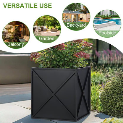 BAYN Metal Square Planter Box Tall Planters for Outdoor Plants Modern Heavy Duty with Drainage Holes for Outside Indoor Patio Deck - Black, 17”x 17”x 18”