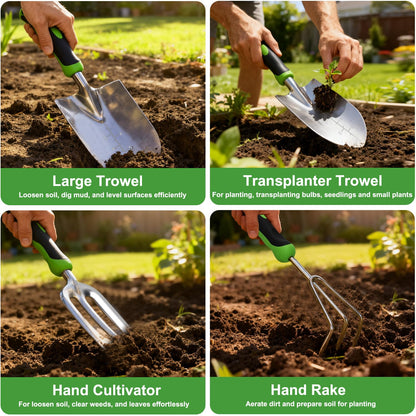 Yesker Gardening Tools 7-Piece Heavy Duty Garden Tool Set Gardening Supplies Gifts for Women Men Gardening Hand Tool Kit with Non-Slip Ergonomic Handle, Durable Garden Bag, Pruning Shears, Black Green