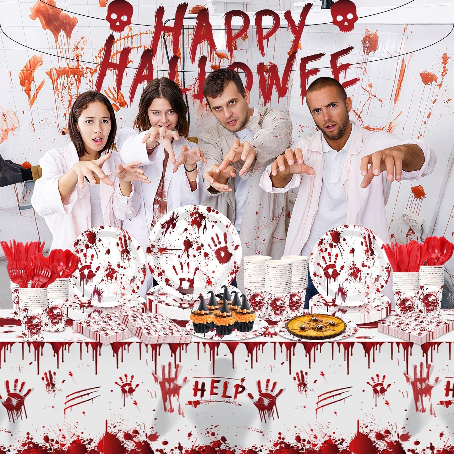 Peryiter 171 Pcs Halloween Party Supplies Disposable Tableware Set Halloween Plate Cup Napkin Spoon Fork Knives Banner Plastic Tablecloth Dinnerware Kit for Party Decorations Serves 24 (Bloody Zombie)
