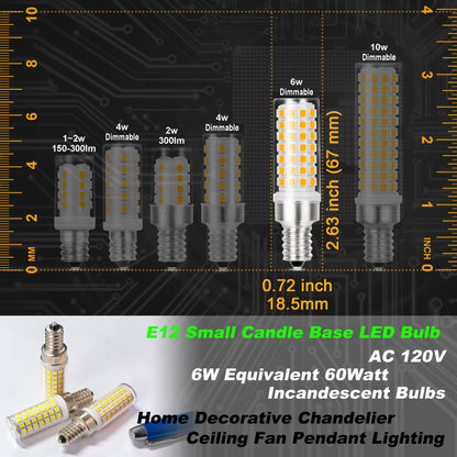 Hylroe E12 Dimmable 6 Watt LED Light Bulb AC120V 600lm Warm White 2700K 60 Watt Halogen Equivalent T6 C7 Candelabra E12 Small Base for Ceiling Fan Chandelier Pendant Wall Sconces Salt Lamp, 4 Pack