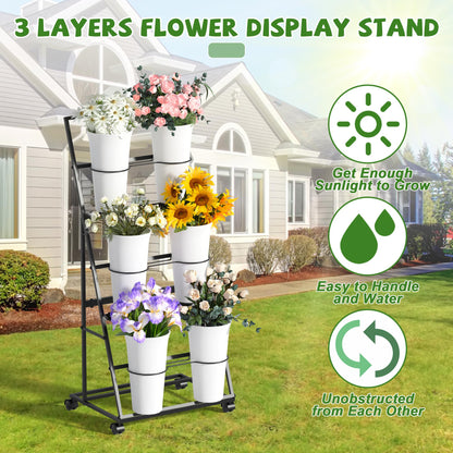 Invech Flower Display Stand with 6 Buckets and Wheels, 3 Tier Flower Cart Display Stand for Indoor Outdoor Garden, Wedding, Flower Shop (Existing Patent)