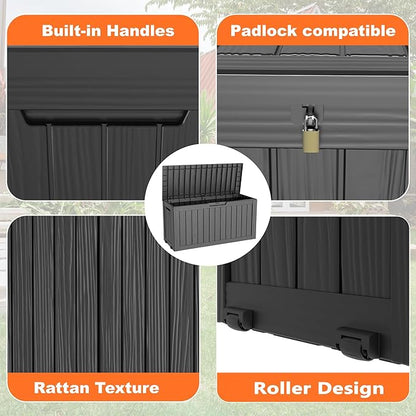 ROJIK Outdoor Storage Box with Wheels,75 Gallon Waterproof Resin Deck Box, Lockable Storage for Patio Cushions,Garden Tools,Pool Accessories,UV-Resistant Storage Bench for Backyard & Deck（Black）