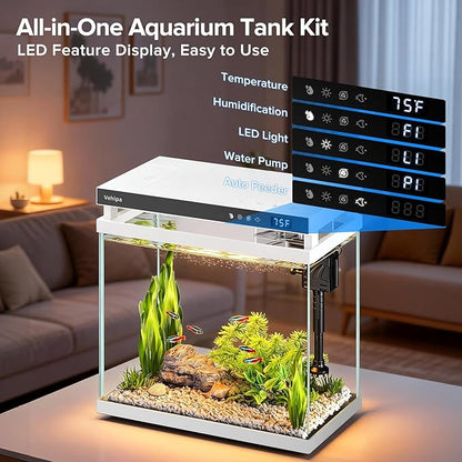 Vehipa Fish Tank Aquarium, 2.2 Gallon Smart Fish Aquarium Kits with Auto Feeder, Silent Water Pump, Temperature Display, Smart Humidifier & 7-Color Lighting, for Office & Home - White