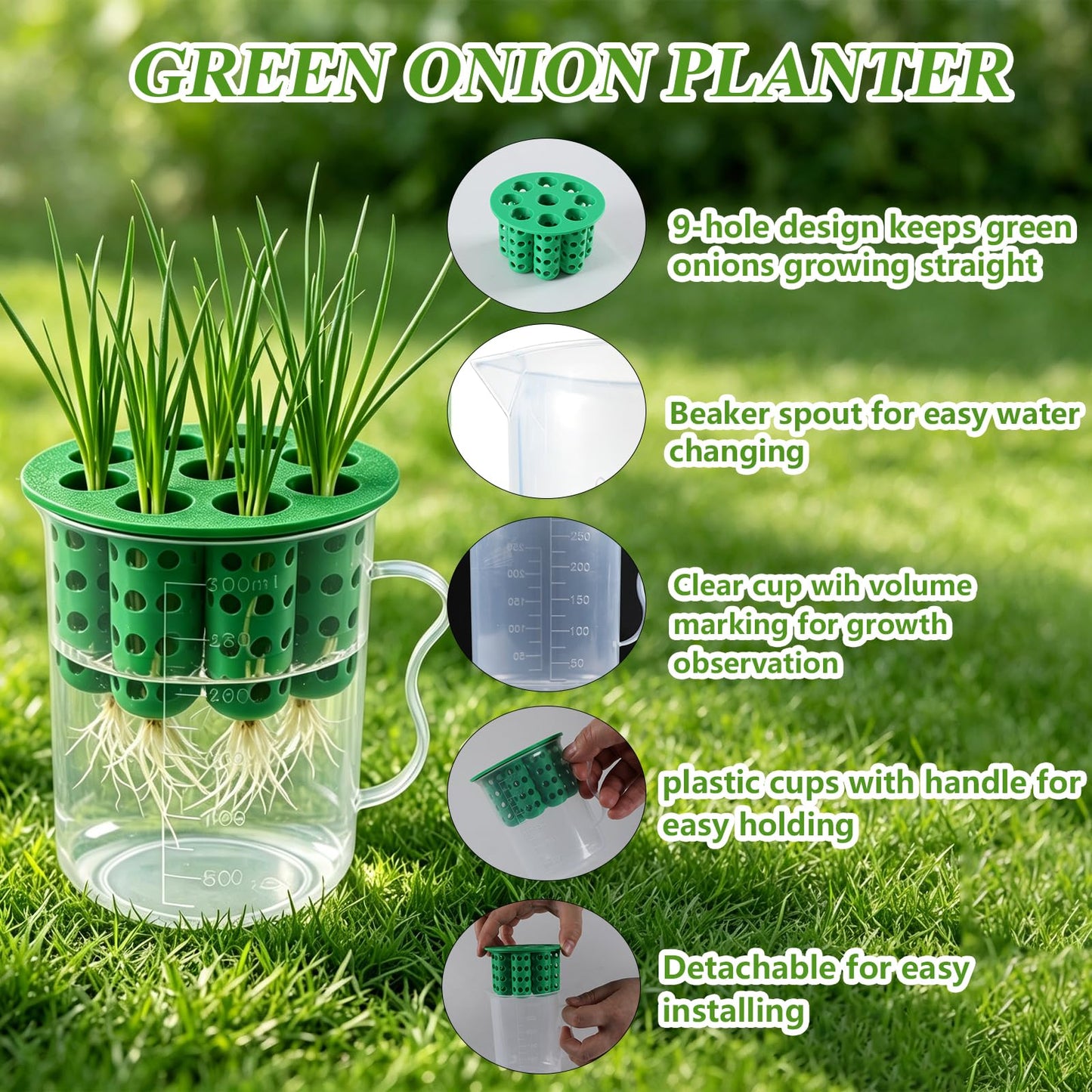 Nalanzhou 2Sets Green Onion Planter Scallion Grower Seed Sprouting Kit, 2 Green Onion Regrower Container and 2 Plastic Cups with Handle for Windowsill Garden Indoor Hydroponics Propagation Enthusiasts
