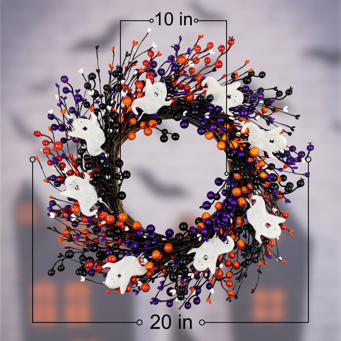 MG MagicGarden 20-Inch Halloween Wreath - Handmade Orange & Black Berry Wreath with Adorable Mini Ghosts, Spooky Front Door Decor for Halloween Party