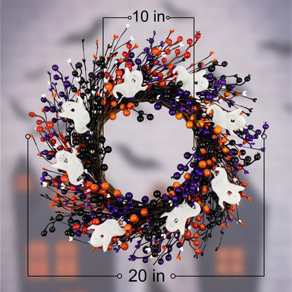 MG MagicGarden 20-Inch Halloween Wreath - Handmade Orange & Black Berry Wreath with Adorable Mini Ghosts, Spooky Front Door Decor for Halloween Party