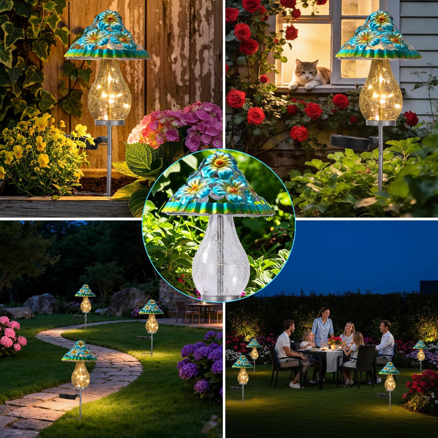 LOVERUIS Garden Statues with Solar Watering Can Lights, Cute Outdoor Garden Decor for Patio Yard Lawn Ornaments, Unique Gift for Women Mom Grandma (ARS-Mushroom Blue)