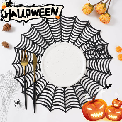 Halloween Spider Web Placemat Set of 8 Include 15" Heat Insulation Spider Web Table Mat 4" Hollow Out Spiderweb Coasters Ideal for Family Festival Party Home Dining Table Decor