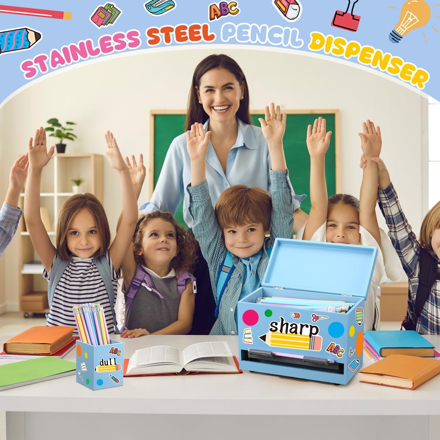 Watersay 108 Pcs Pencil Dispenser Kit for Classroom Wooden Sharp and Dull Pencil Holder 50 Pencils 50 Sharpener 6 Sticker Classroom Teacher Must Have Straw Dispenser for Back to School(Light Blue)
