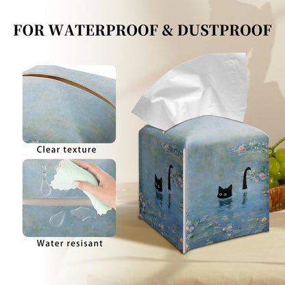 Grace Yonks Art Tissue Box Cover Square - Black Cat in Water Lilies Design 5.2" PU Leather Holder for Vanity, Desk, or Bathroom Counter - Cube Case for Facial Tissues. (123)