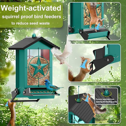 Squirrel Proof Bird Feeders for Outdoors with Weight-Activated, Metal 5LB Large Wild Bird Feeders for Cardinals,Blue Jay,Finch, Weatherproof Durable Hanging Bird Feeder for Backyard,Garden (Green)