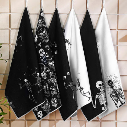 Bencailor 6 Pcs Skull Kitchen Towels Skeleton Dish Hand Towels Gothic Spooky Skull Tea Washcloth for Bathroom Kitchen Goth Horror Decor Gifts 24 x 16''