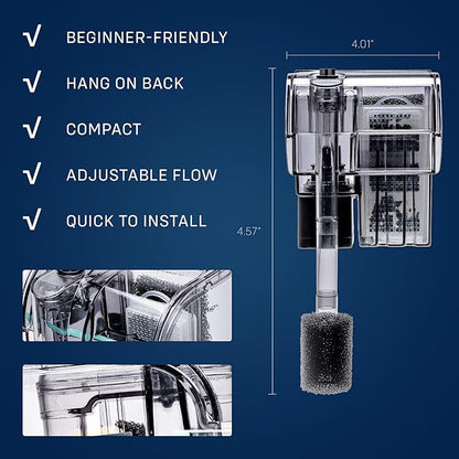 Mighty Aquarium Hang On Back Filter - Aquarium HOB Filter - Adjustable Fish Tank Filter - Aquarium Filters - Nano Aquarium Filter - Fish Aquarium Filter - Hang On Back Aquarium Filter (2-5 Gallons)