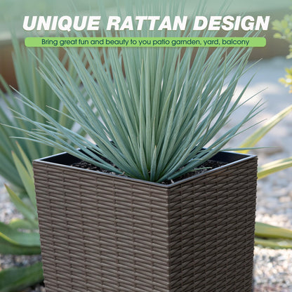 Flamaker Resin Rattan-Design Planters Set of 2, 32'' Tall Flowerpot with Additional Pot for Soil, Durable Weather-Resistant Planter with Drainage Holes for Garden, Patio, Backyard (Brown, Large)