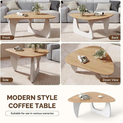 Modern Wood Coffee Table, Triangle Center Table with Premium Wooden Top& Unique Base, 35.5” Small Mid Century Tea Tables for Living Room, Apartment, Office,Natural Wood &White