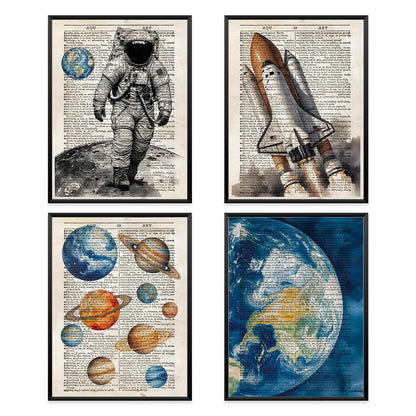 VONTP Retro Outer Space Wall Art Decor, Space Nursery Decor, Spaceman Rocket Solar System Planet Prints Poster Wall Decorations for Kids Boys Room Bedroom, 12x16 Set of 4 (Unframed)