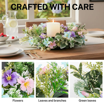 MOYEE Summer Centerpieces for Tables Wreath with Candle Holder,Candle Ring, Black Metal Candlestick with an Artificial Wreaths 14 in Versatile Dining Table Centrepiece (Blue and Purple Flower Wreath)