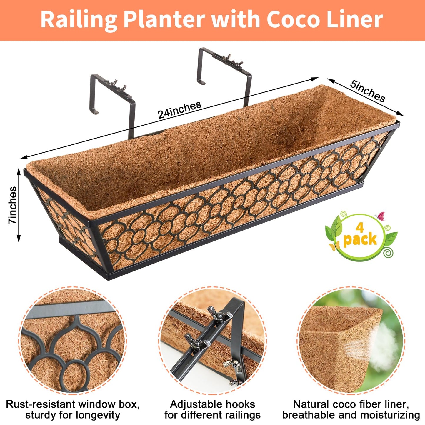 Riare 4 Pack 24 Inch Window Boxes Planters with Coco Liner, Metal Deck Railing Planter Boxes, Balcony Planters Railing Hanging, Horse Trough Window Flower Planter Boxes for Outdoor Porch Fence Patio