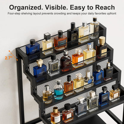 4-Tier Men's Cologne & Accessory Organizer with Drawer & Wheels, Sleek Industrial Wooden & Metal Perfume Display Rack for Cologne Bottles, Aftershave & Grooming Essentials, Multi-Functional Fragrance Storage Stand, Black